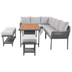 Ensemble de canapé d'angle d'extérieur en forme de L, 6 pièces, mobilier de jardin en corde avec canapé, table basse de rangement, tabourets et banc