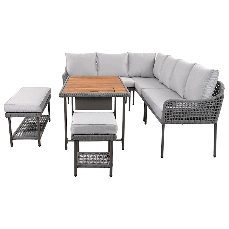 Ensemble de canapé d'angle d'extérieur en forme de L, 6 pièces, mobilier de jardin en corde avec canapé, table basse de rangement, tabourets et banc