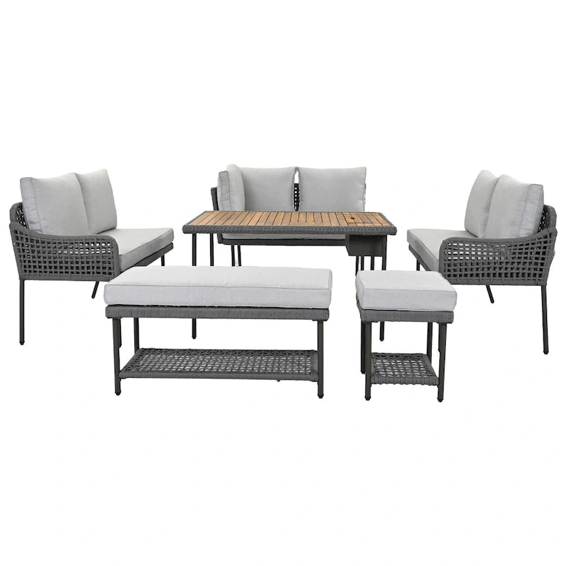 Ensemble de canapé d'angle d'extérieur en forme de L, 6 pièces, mobilier de jardin en corde avec canapé, table basse de rangement, tabourets et banc