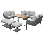 Ensemble de canapé d'angle d'extérieur en forme de L, 6 pièces, mobilier de jardin en corde avec canapé, table basse de rangement, tabourets et banc