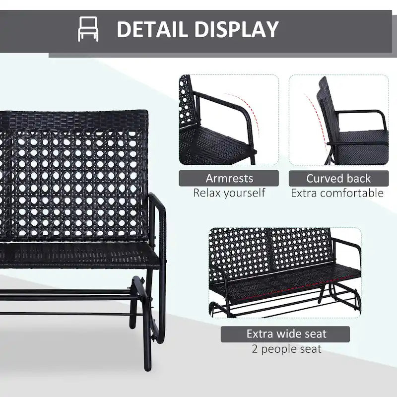 Fauteuil à bascule de patio Outsunny, canapé-lit ergonomique 2 places en résine tressée PE pour espaces extérieurs, jardin et véranda