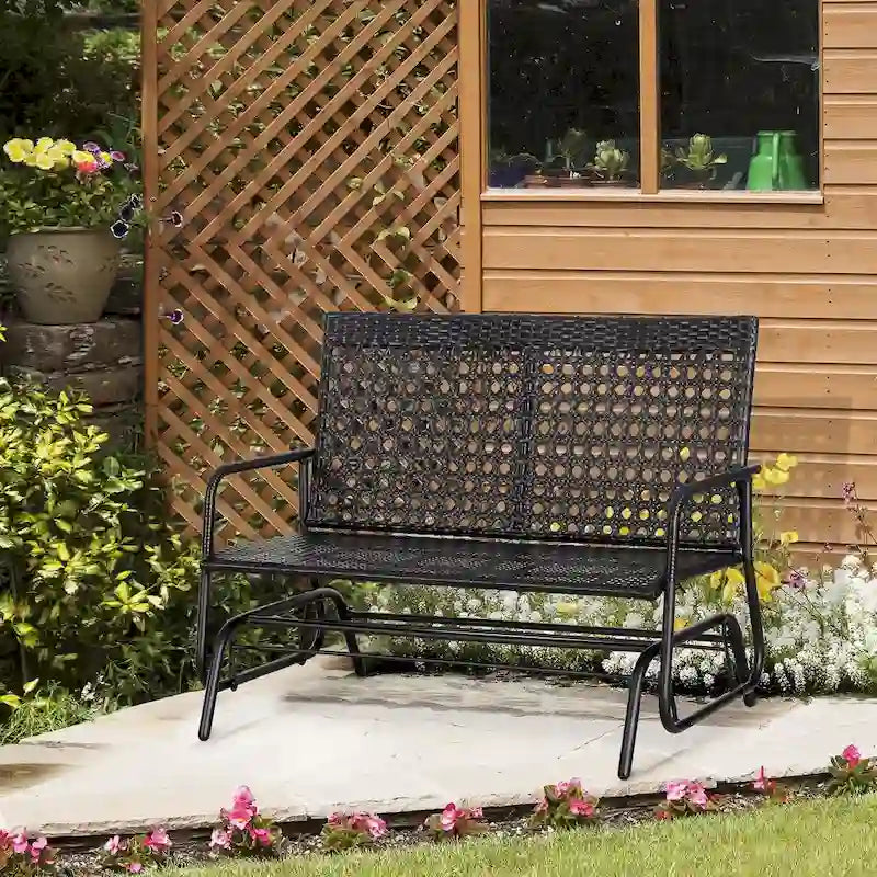 Fauteuil à bascule de patio Outsunny, canapé-lit ergonomique 2 places en résine tressée PE pour espaces extérieurs, jardin et véranda