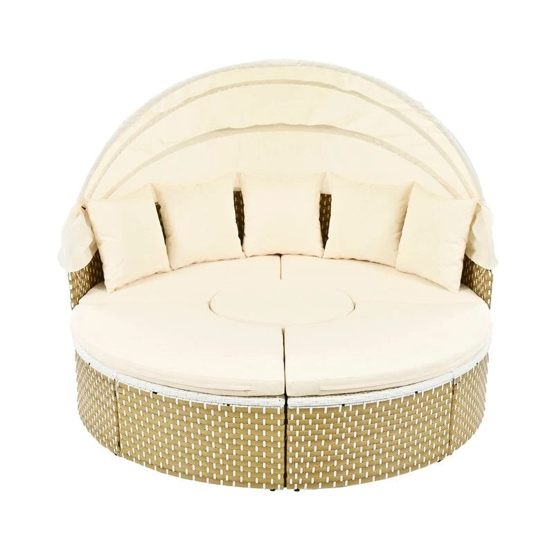 Ensemble canapé d'angle rond pour terrasse, méridienne en rotin bicolore avec auvent rétractable et assise modulable