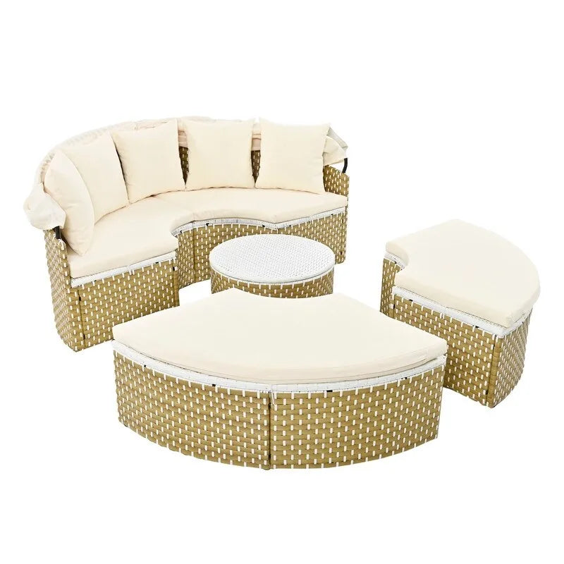 Ensemble canapé d'angle rond pour terrasse, méridienne en rotin bicolore avec auvent rétractable et assise modulable