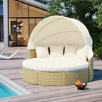 Ensemble canapé d'angle rond pour terrasse, méridienne en rotin bicolore avec auvent rétractable et assise modulable