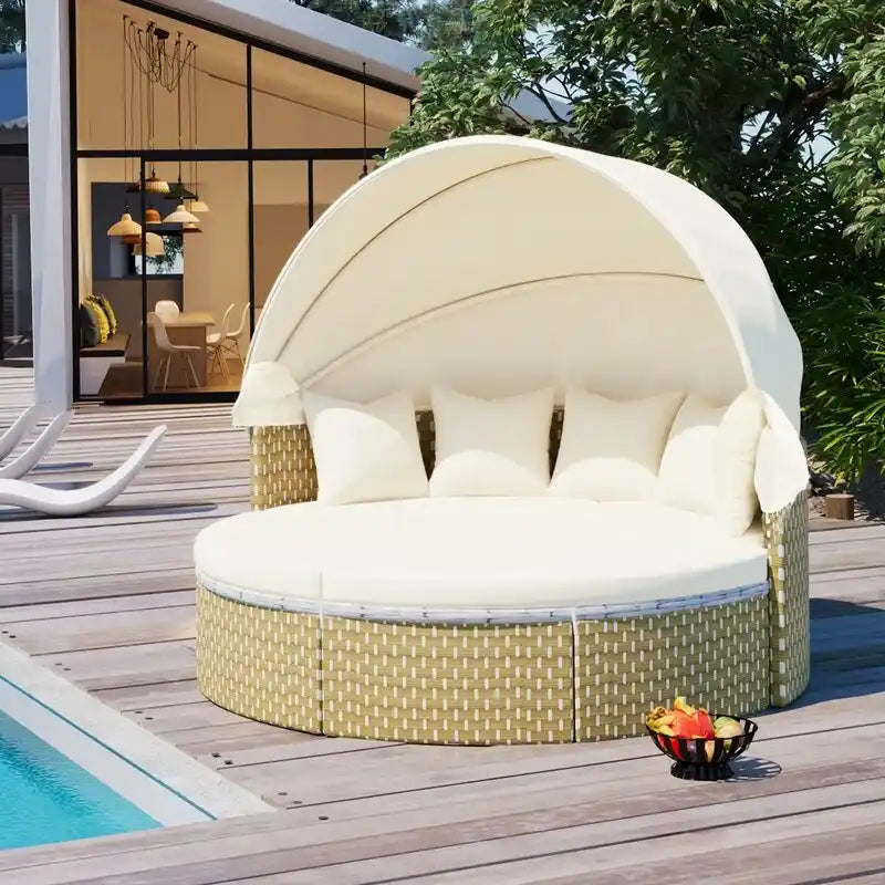 Ensemble canapé d'angle rond pour terrasse, méridienne en rotin bicolore avec auvent rétractable et assise modulable