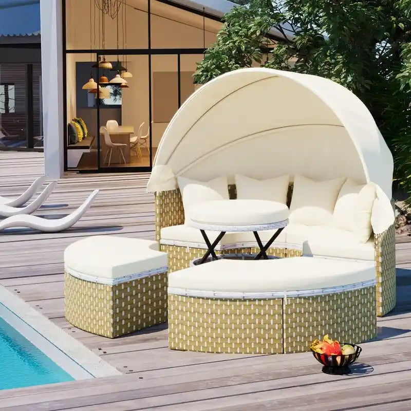 Ensemble canapé d'angle rond pour terrasse, méridienne en rotin bicolore avec auvent rétractable et assise modulable