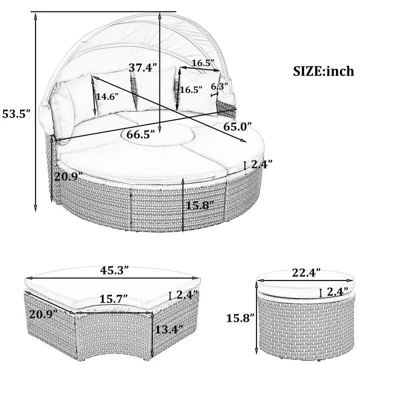 Ensemble canapé d'angle rond pour terrasse, méridienne en rotin bicolore avec auvent rétractable et assise modulable