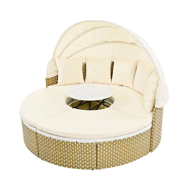 Ensemble canapé d'angle rond pour terrasse, méridienne en rotin bicolore avec auvent rétractable et assise modulable