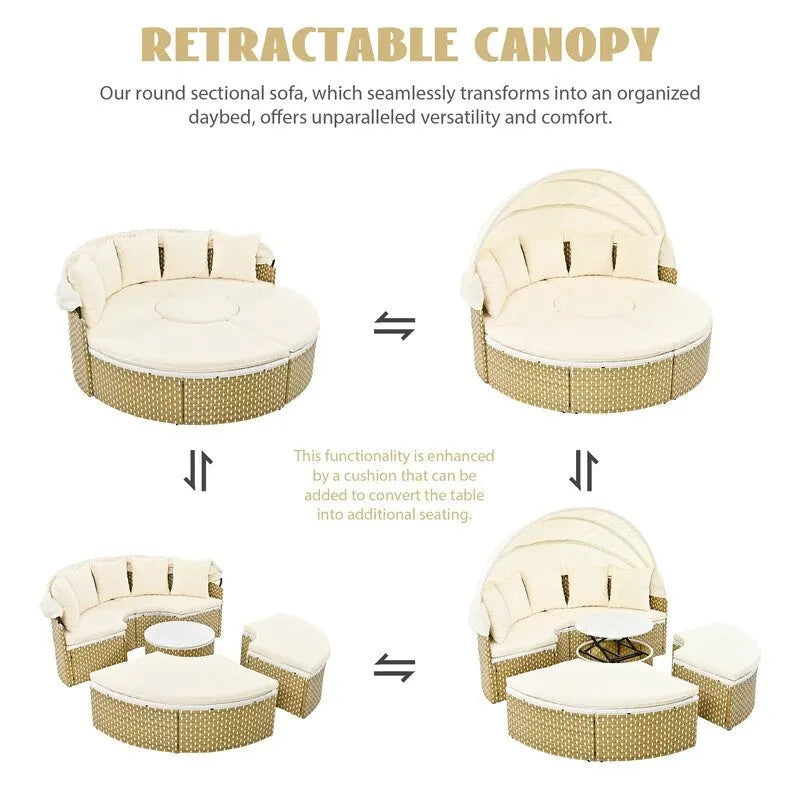 Ensemble canapé d'angle rond pour terrasse, méridienne en rotin bicolore avec auvent rétractable et assise modulable