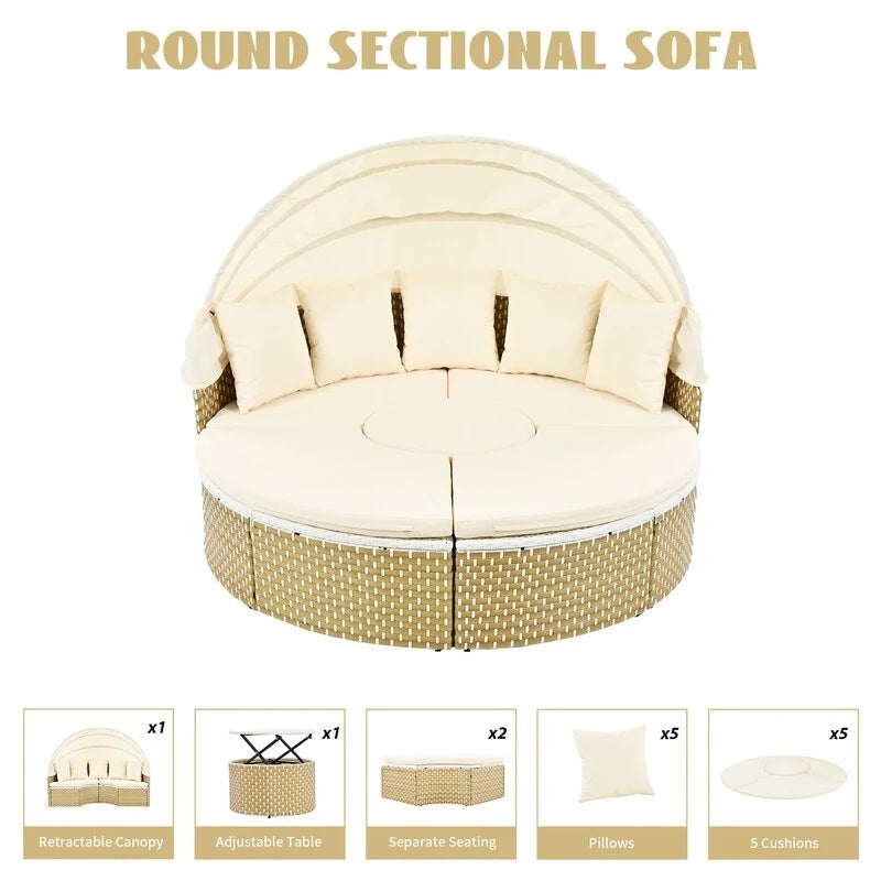 Ensemble canapé d'angle rond pour terrasse, méridienne en rotin bicolore avec auvent rétractable et assise modulable