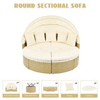 Ensemble canapé d'angle rond pour terrasse, méridienne en rotin bicolore avec auvent rétractable et assise modulable