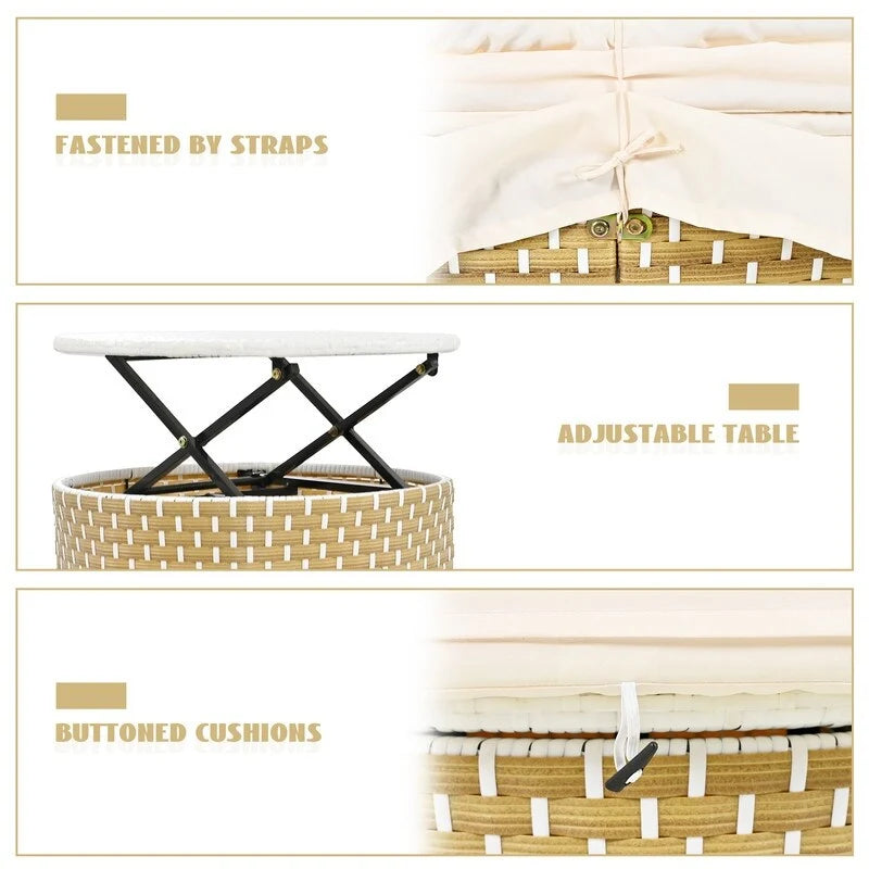 Ensemble canapé d'angle rond pour terrasse, méridienne en rotin bicolore avec auvent rétractable et assise modulable