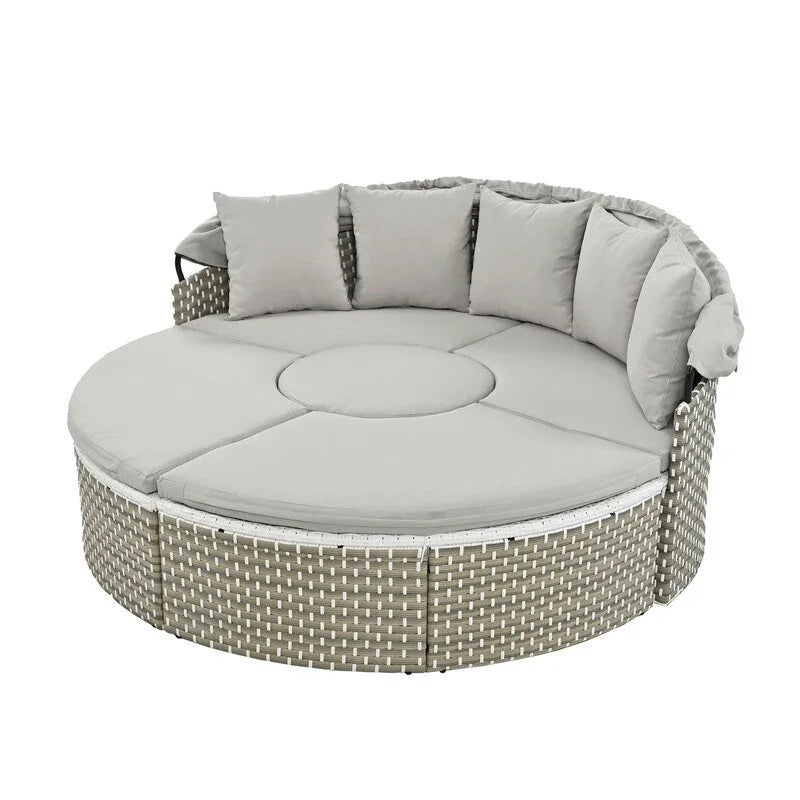 Ensemble canapé d'angle rond pour terrasse, méridienne en rotin bicolore avec auvent rétractable et assise modulable
