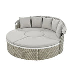 Ensemble canapé d'angle rond pour terrasse, méridienne en rotin bicolore avec auvent rétractable et assise modulable