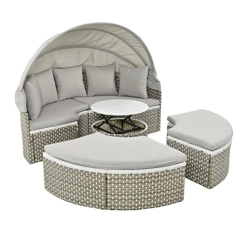 Ensemble canapé d'angle rond pour terrasse, méridienne en rotin bicolore avec auvent rétractable et assise modulable