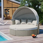 Ensemble canapé d'angle rond pour terrasse, méridienne en rotin bicolore avec auvent rétractable et assise modulable