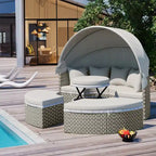 Ensemble canapé d'angle rond pour terrasse, méridienne en rotin bicolore avec auvent rétractable et assise modulable