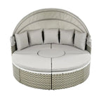 Ensemble canapé d'angle rond pour terrasse, méridienne en rotin bicolore avec auvent rétractable et assise modulable