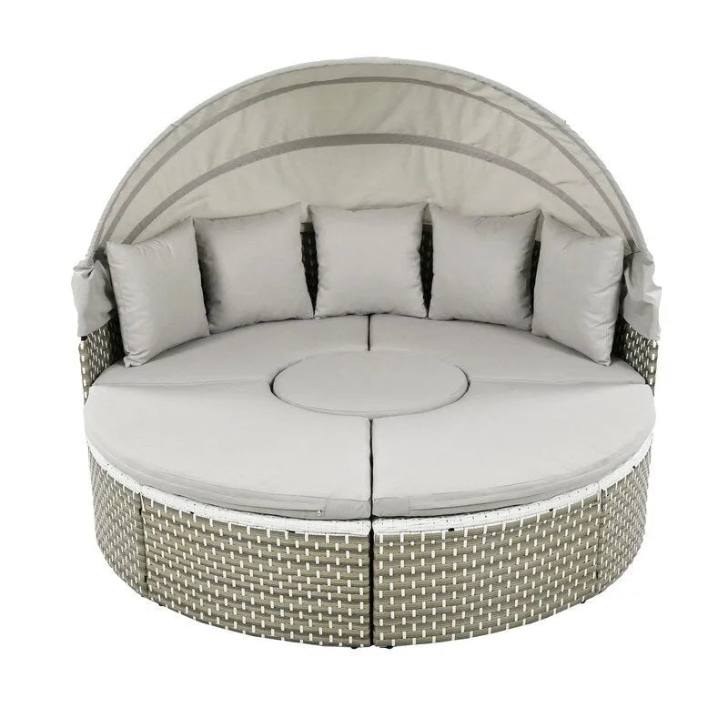 Ensemble canapé d'angle rond pour terrasse, méridienne en rotin bicolore avec auvent rétractable et assise modulable