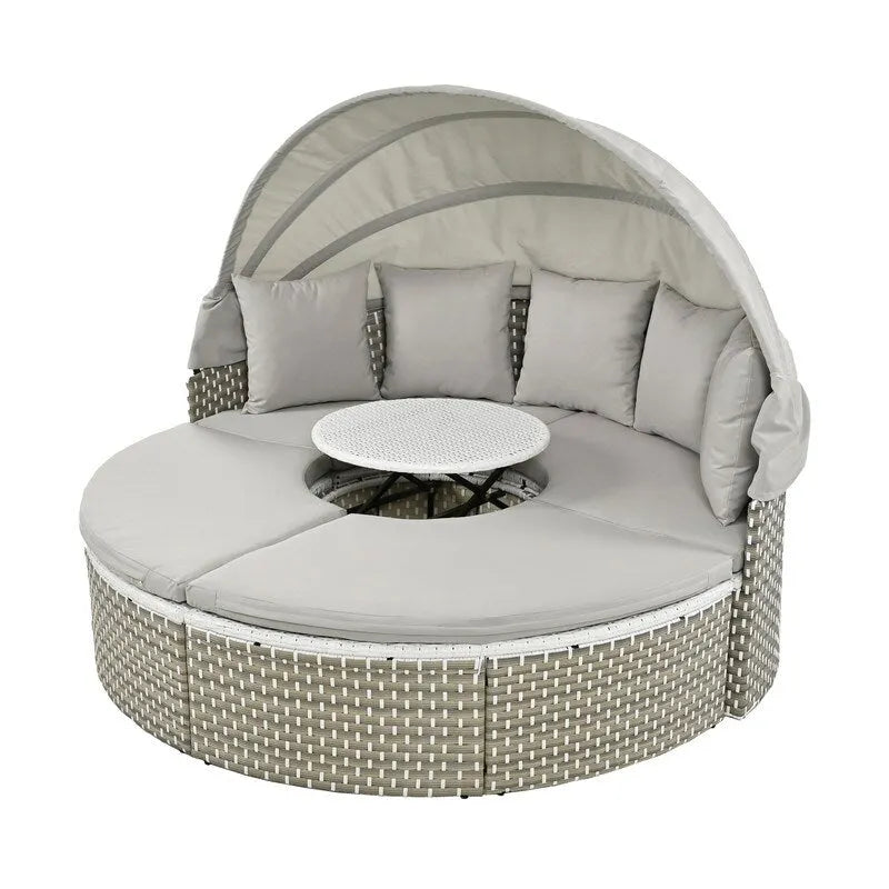 Ensemble canapé d'angle rond pour terrasse, méridienne en rotin bicolore avec auvent rétractable et assise modulable