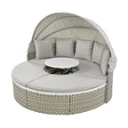 Ensemble canapé d'angle rond pour terrasse, méridienne en rotin bicolore avec auvent rétractable et assise modulable
