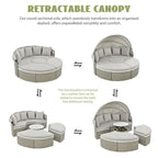 Ensemble canapé d'angle rond pour terrasse, méridienne en rotin bicolore avec auvent rétractable et assise modulable