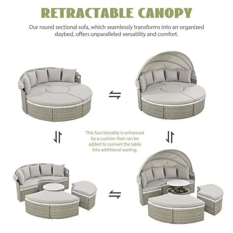 Ensemble canapé d'angle rond pour terrasse, méridienne en rotin bicolore avec auvent rétractable et assise modulable