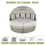 Ensemble canapé d'angle rond pour terrasse, méridienne en rotin bicolore avec auvent rétractable et assise modulable