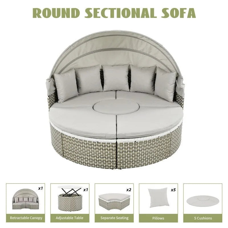 Ensemble canapé d'angle rond pour terrasse, méridienne en rotin bicolore avec auvent rétractable et assise modulable