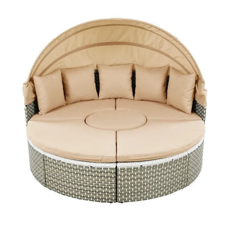 Ensemble canapé d'angle rond pour terrasse, méridienne en rotin bicolore avec auvent rétractable et assise modulable