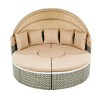 Ensemble canapé d'angle rond pour terrasse, méridienne en rotin bicolore avec auvent rétractable et assise modulable