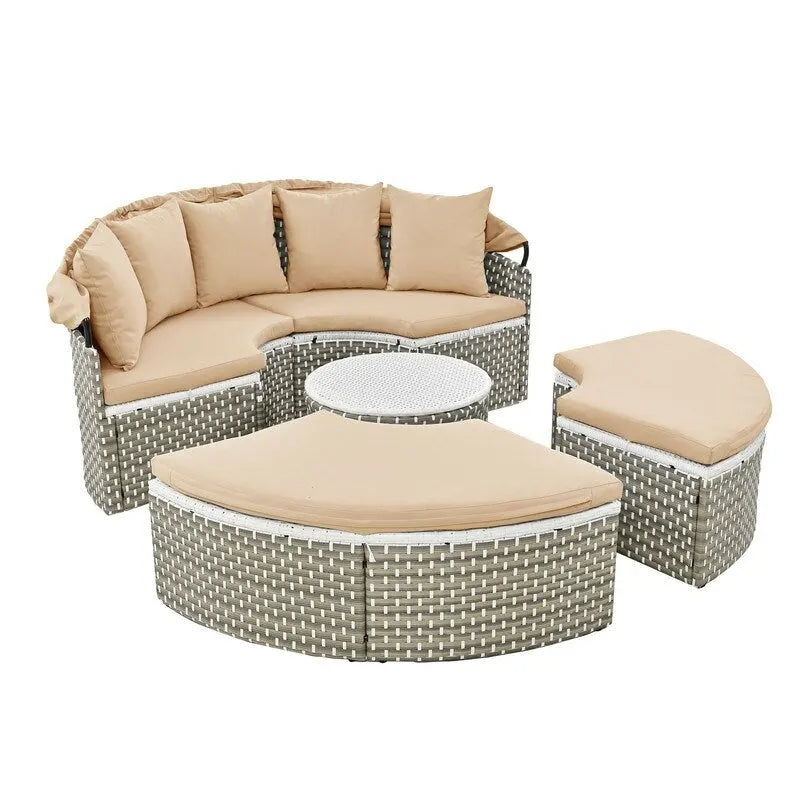Ensemble canapé d'angle rond pour terrasse, méridienne en rotin bicolore avec auvent rétractable et assise modulable