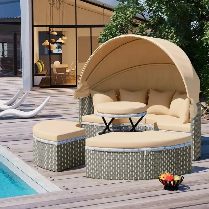 Ensemble canapé d'angle rond pour terrasse, méridienne en rotin bicolore avec auvent rétractable et assise modulable