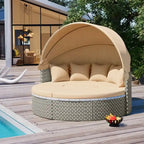 Ensemble canapé d'angle rond pour terrasse, méridienne en rotin bicolore avec auvent rétractable et assise modulable