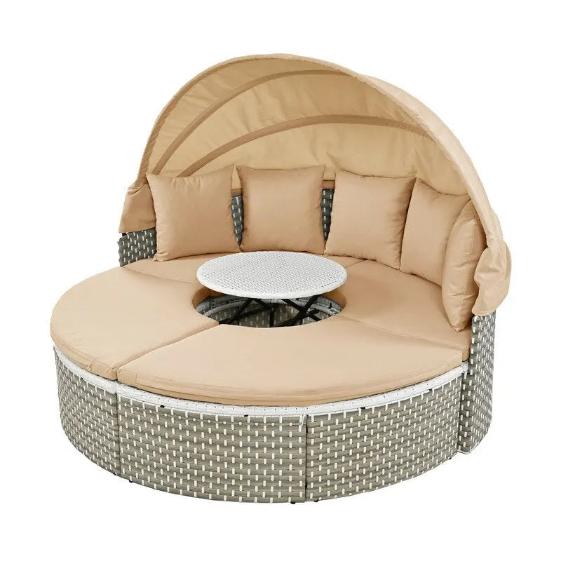 Ensemble canapé d'angle rond pour terrasse, méridienne en rotin bicolore avec auvent rétractable et assise modulable