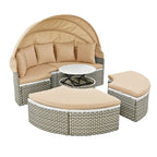 Ensemble canapé d'angle rond pour terrasse, méridienne en rotin bicolore avec auvent rétractable et assise modulable