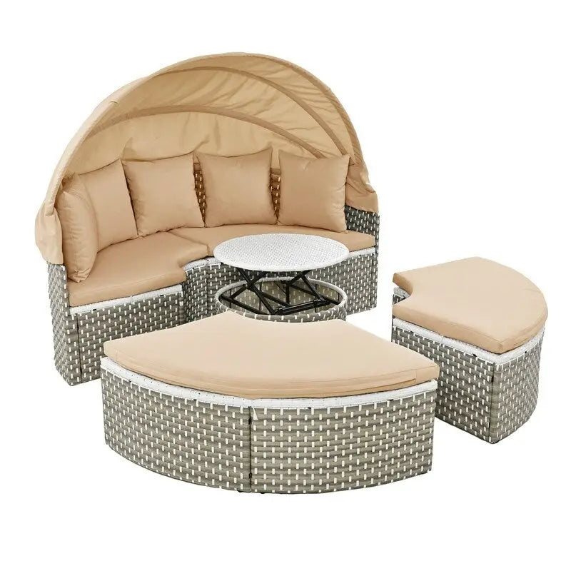 Ensemble canapé d'angle rond pour terrasse, méridienne en rotin bicolore avec auvent rétractable et assise modulable