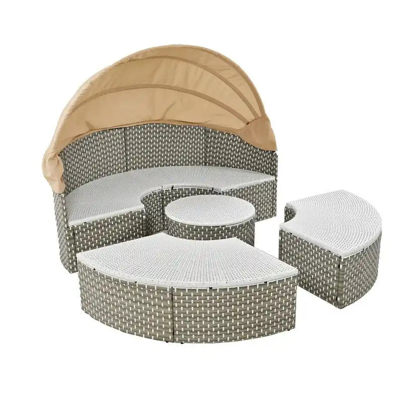Ensemble canapé d'angle rond pour terrasse, méridienne en rotin bicolore avec auvent rétractable et assise modulable
