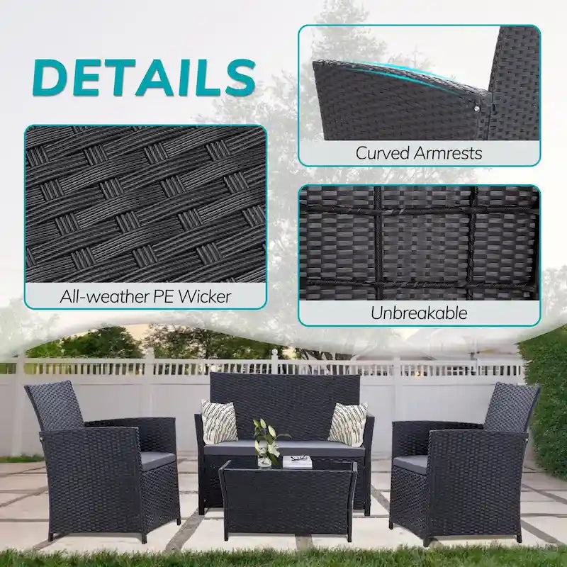 Ensemble de mobilier de jardin 4 pièces en résine tressée PE, canapé d'angle en rotin pour terrasse avec coussins lavables