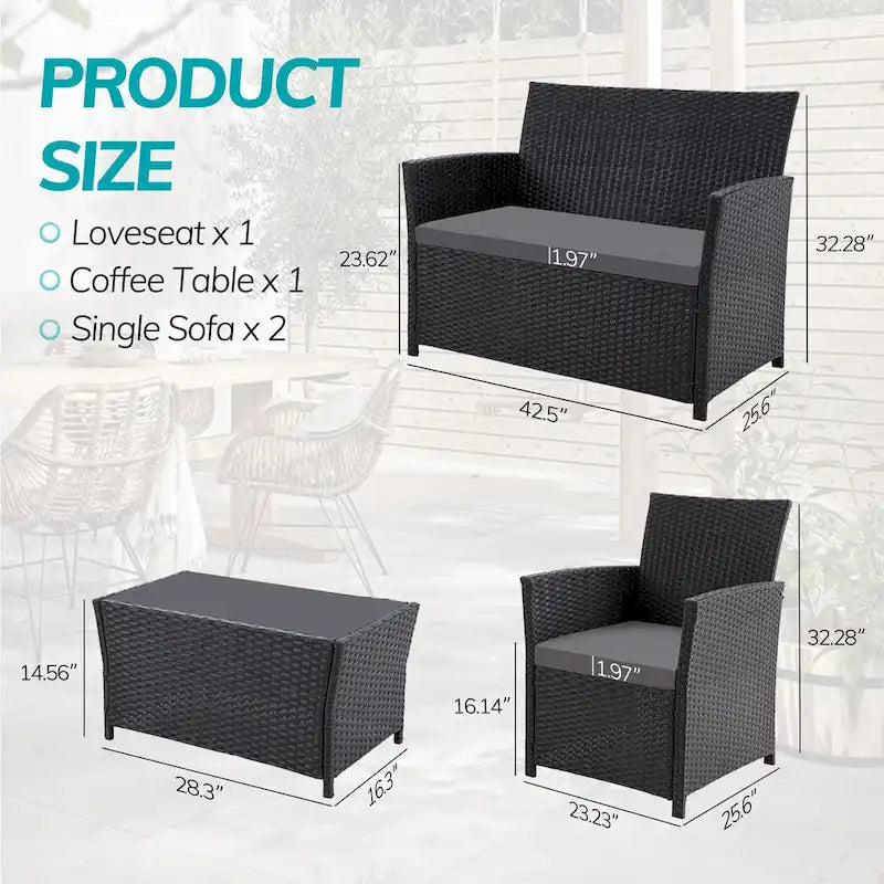 Ensemble de mobilier de jardin 4 pièces en résine tressée PE, canapé d'angle en rotin pour terrasse avec coussins lavables