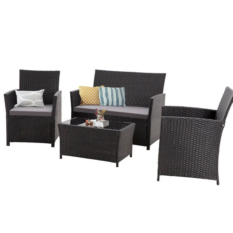 Ensemble de mobilier de jardin 4 pièces en résine tressée PE, canapé d'angle en rotin pour terrasse avec coussins lavables