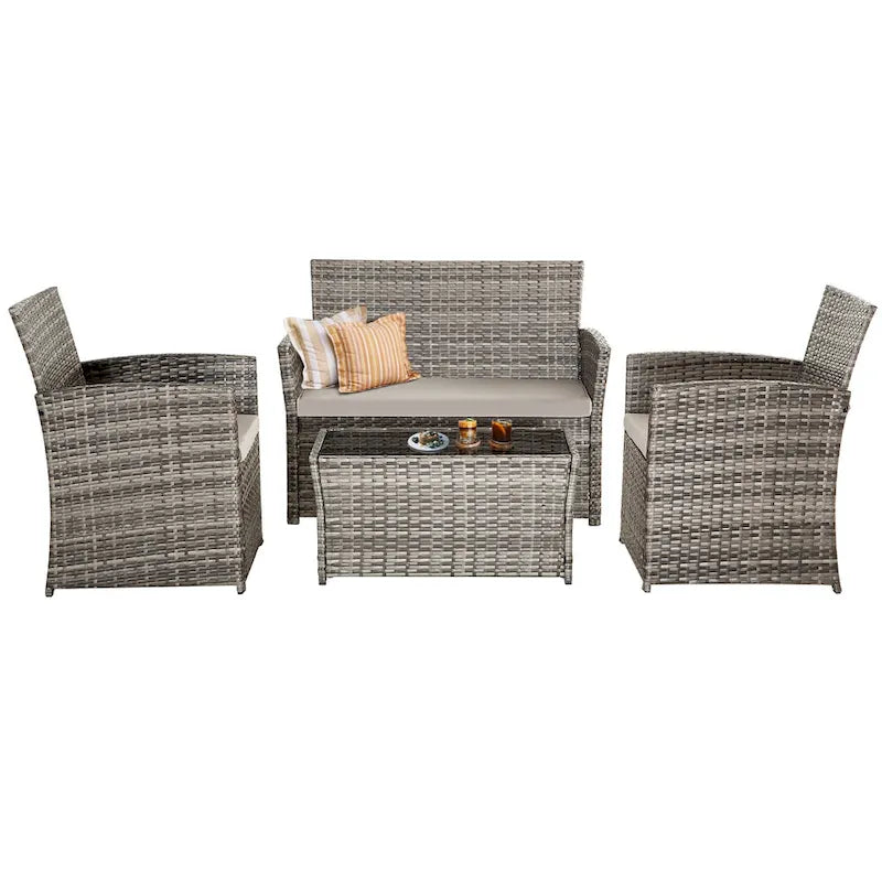 Ensemble de mobilier de jardin 4 pièces en résine tressée PE, canapé d'angle en rotin pour terrasse avec coussins lavables