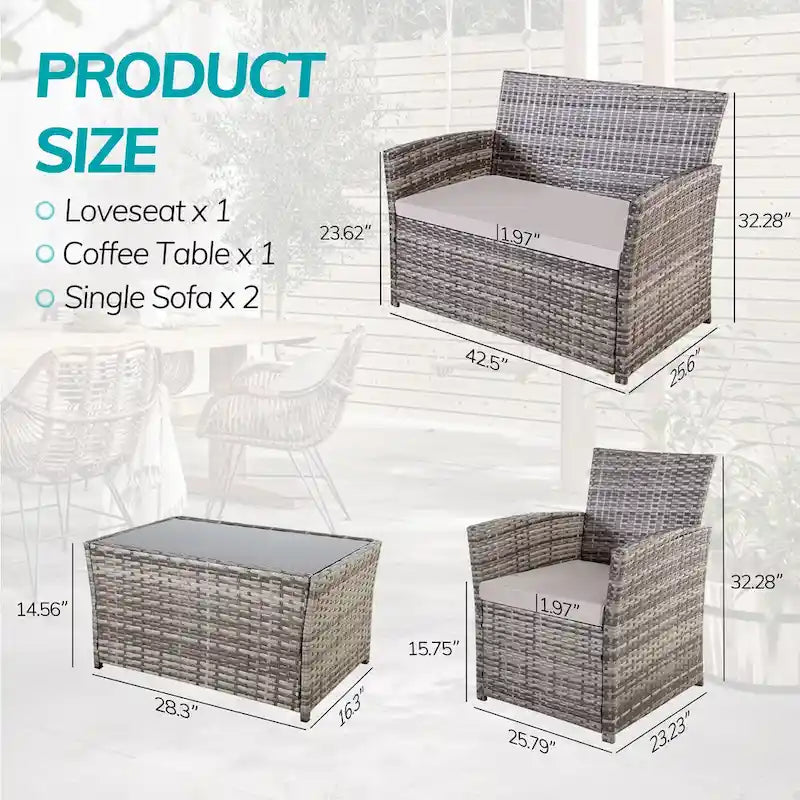 Ensemble de mobilier de jardin 4 pièces en résine tressée PE, canapé d'angle en rotin pour terrasse avec coussins lavables