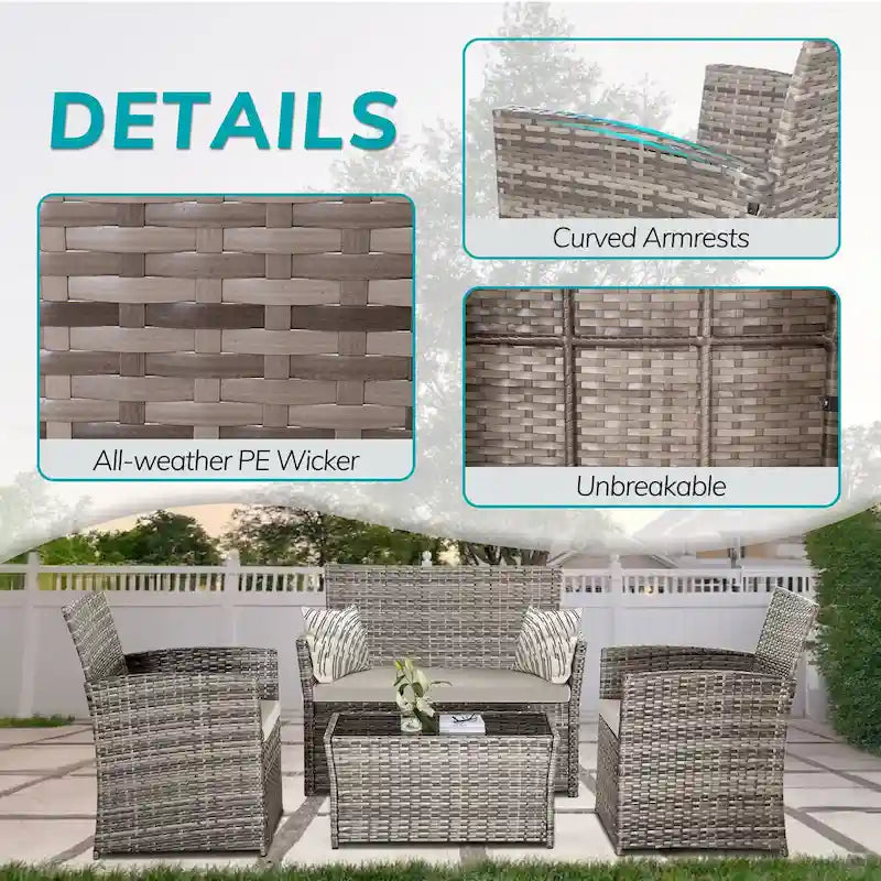 Ensemble de mobilier de jardin 4 pièces en résine tressée PE, canapé d'angle en rotin pour terrasse avec coussins lavables