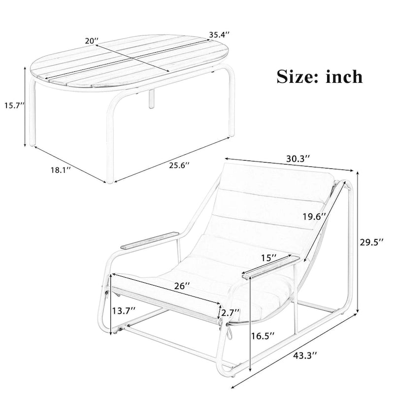 Ensemble de 3 chaises longues d'extérieur pour terrasse, jardin, plage, salon de jardin, fauteuils d'appoint et table d'appoint en acacia