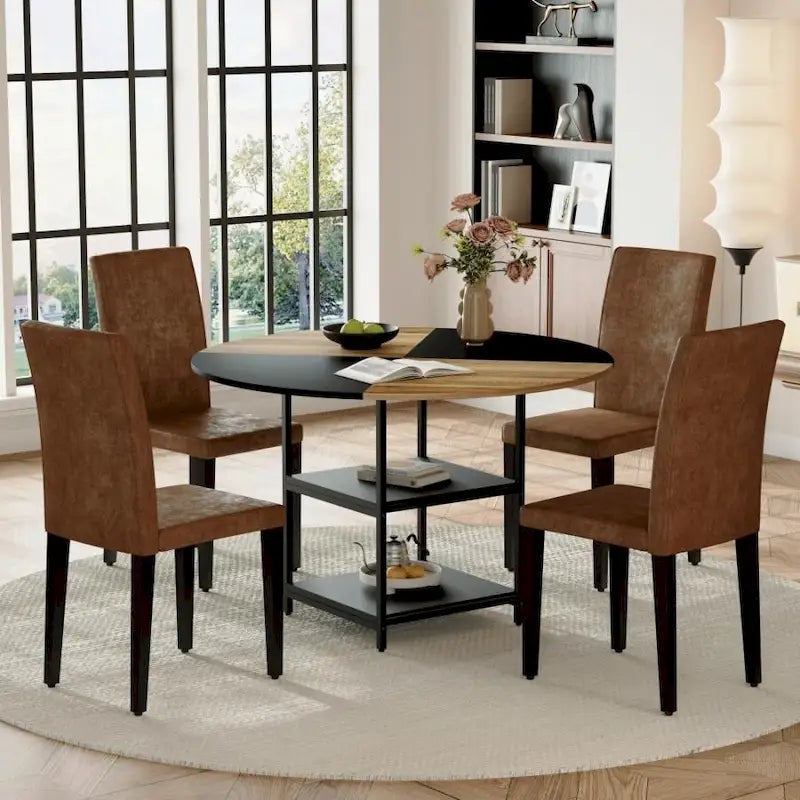 Ensemble de salle à manger d'extérieur de 120 cm avec rangement à double niveau et 4 chaises de salle à manger en tissu technique marron