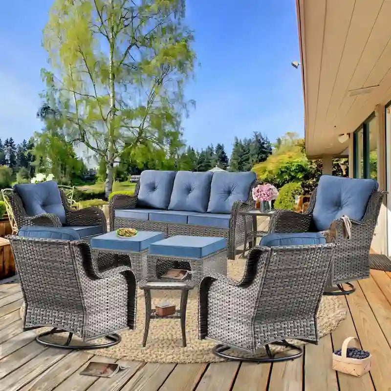 Ensemble de mobilier de jardin 9 pièces comprenant un fauteuil pivotant en osier et un repose-pieds