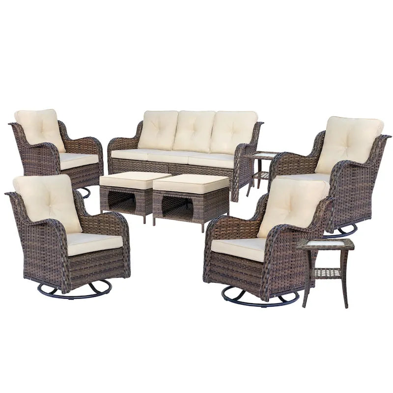 Ensemble de mobilier de jardin 9 pièces comprenant un fauteuil pivotant en osier et un repose-pieds