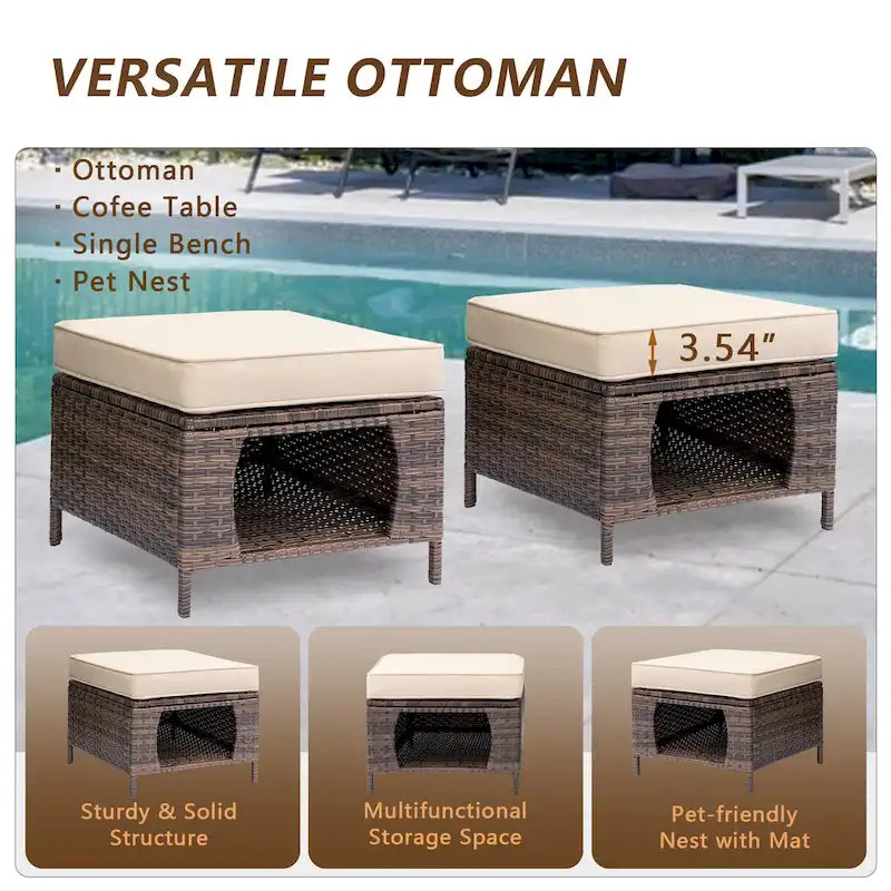 Ensemble de mobilier de jardin 9 pièces comprenant un fauteuil pivotant en osier et un repose-pieds